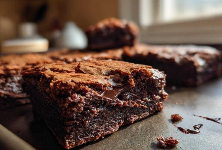 Close-up of a fudgy Dark Chocolate Tahini Brownies square showing a gooey center and flaky top.