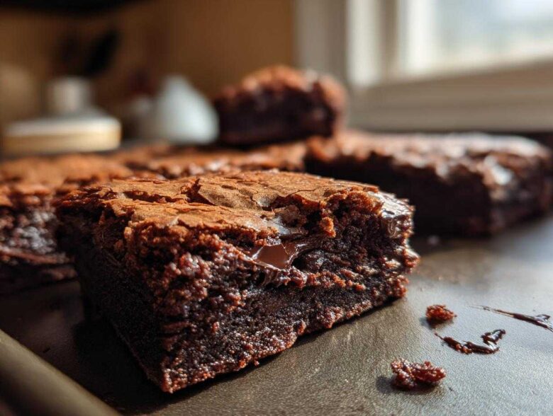 Close-up of a fudgy Dark Chocolate Tahini Brownies square showing a gooey center and flaky top.