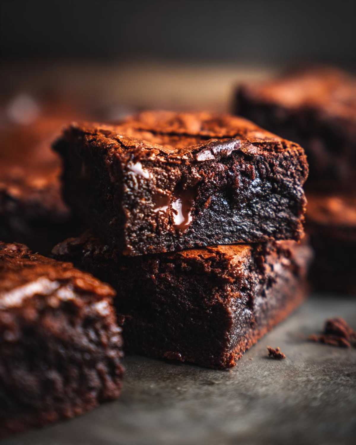 Close-up of fudgy Dark Chocolate Tahini Brownies stacked, showing a molten chocolate drip.