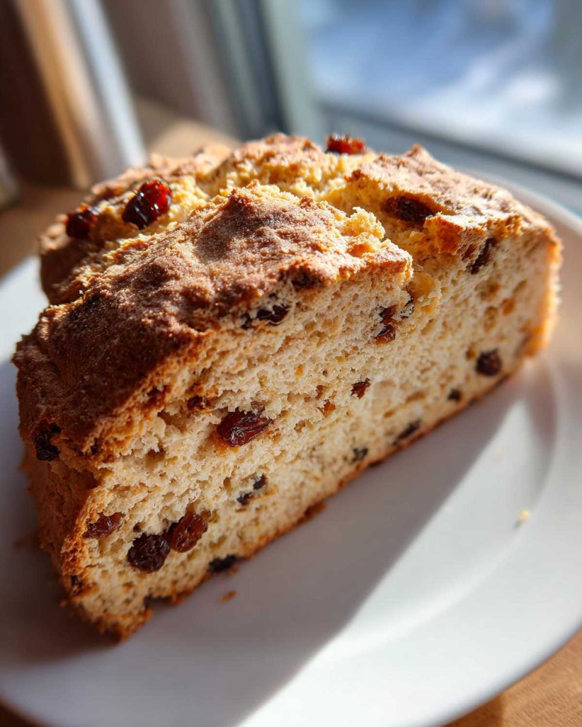 Close-up of a thick slice of Easy Irish Soda Bread with Buttermilk and Raisins on a white plate.