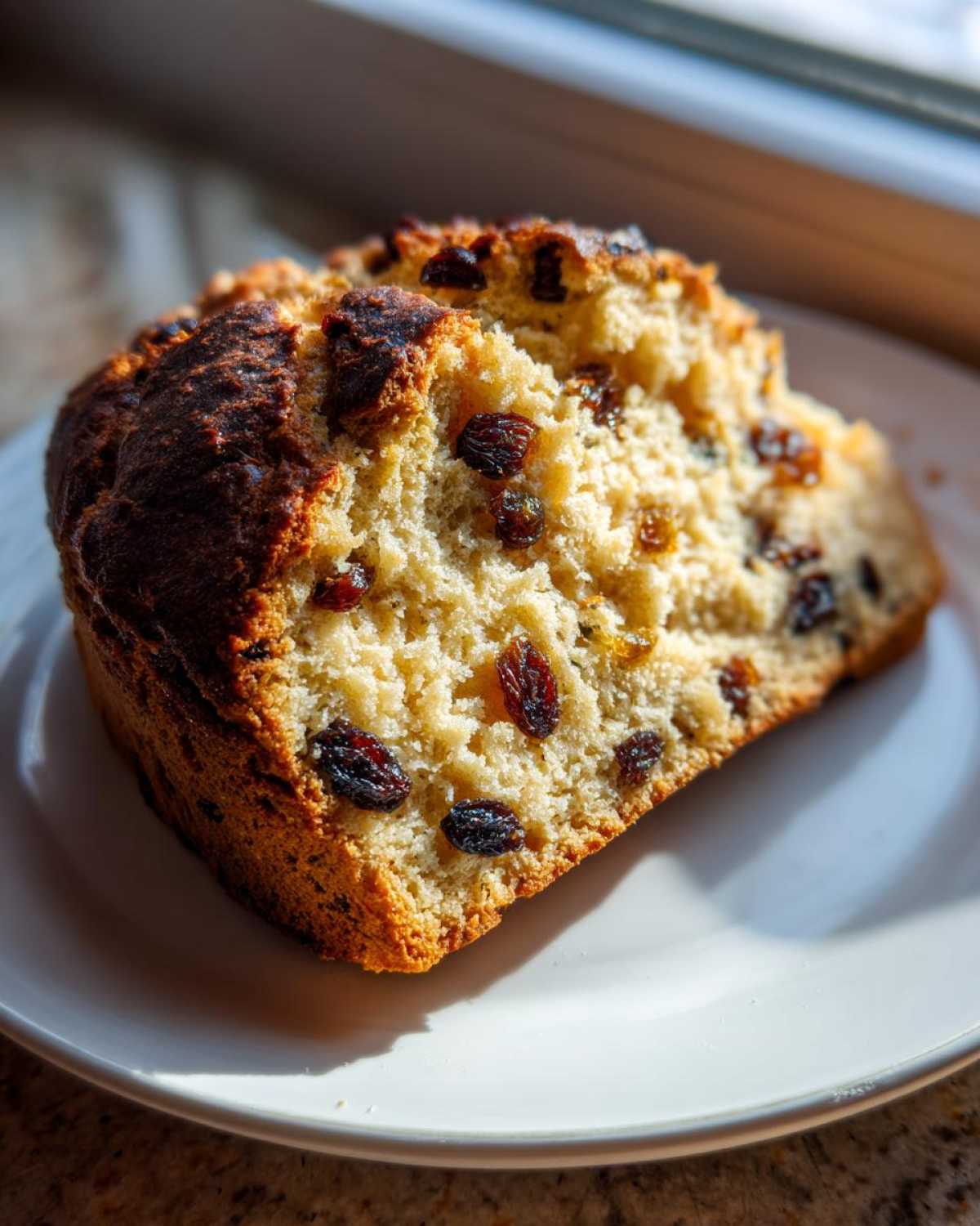 Close-up of a thick slice of Easy Irish Soda Bread with Buttermilk and Raisins on a white plate.