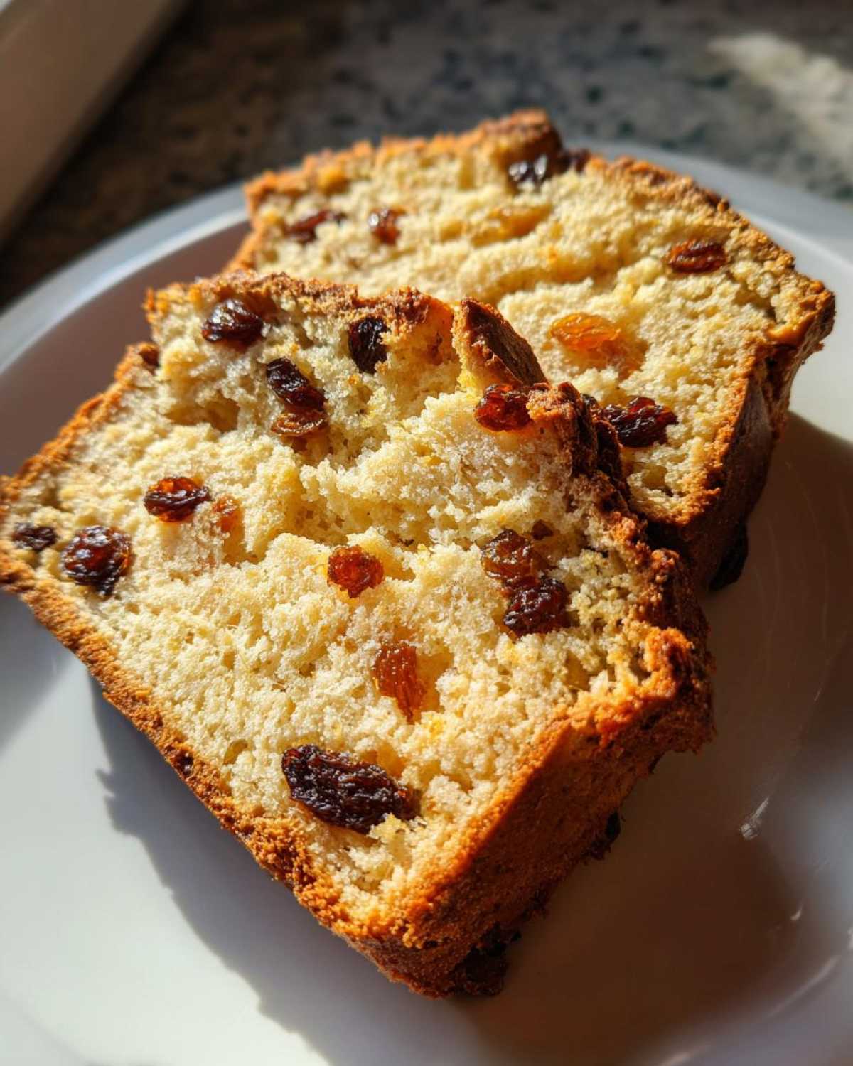 Close-up of two thick slices of Easy Irish Soda Bread with Buttermilk and Raisins on a white plate.