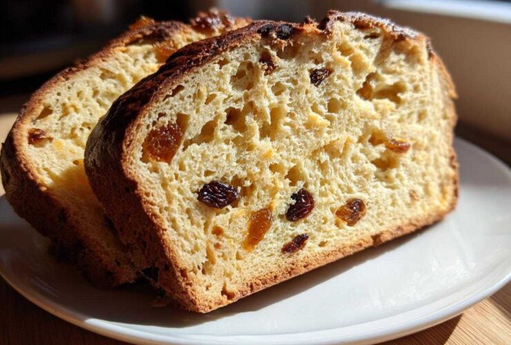 Two thick slices of Easy Irish Soda Bread with Buttermilk and Raisins showing a soft crumb and dark crust.