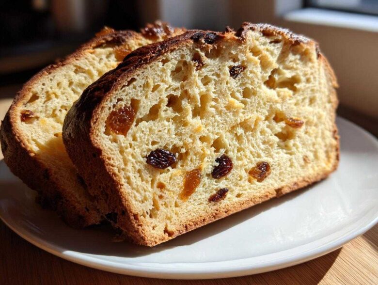 Two thick slices of Easy Irish Soda Bread with Buttermilk and Raisins showing a soft crumb and dark crust.