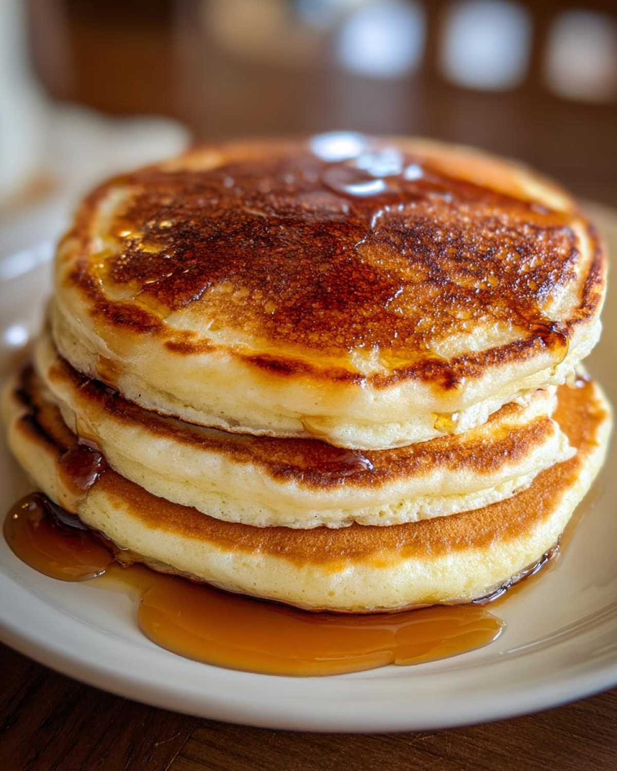 Close-up of a stack of three fluffy Gluten-Free Buttermilk Pancakes drizzled generously with maple syrup.