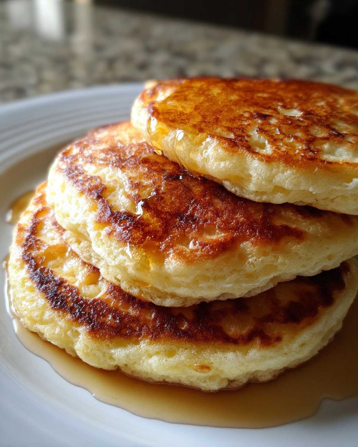 A close-up of three fluffy Gluten-Free Buttermilk Pancakes stacked and drizzled with golden syrup on a white plate.