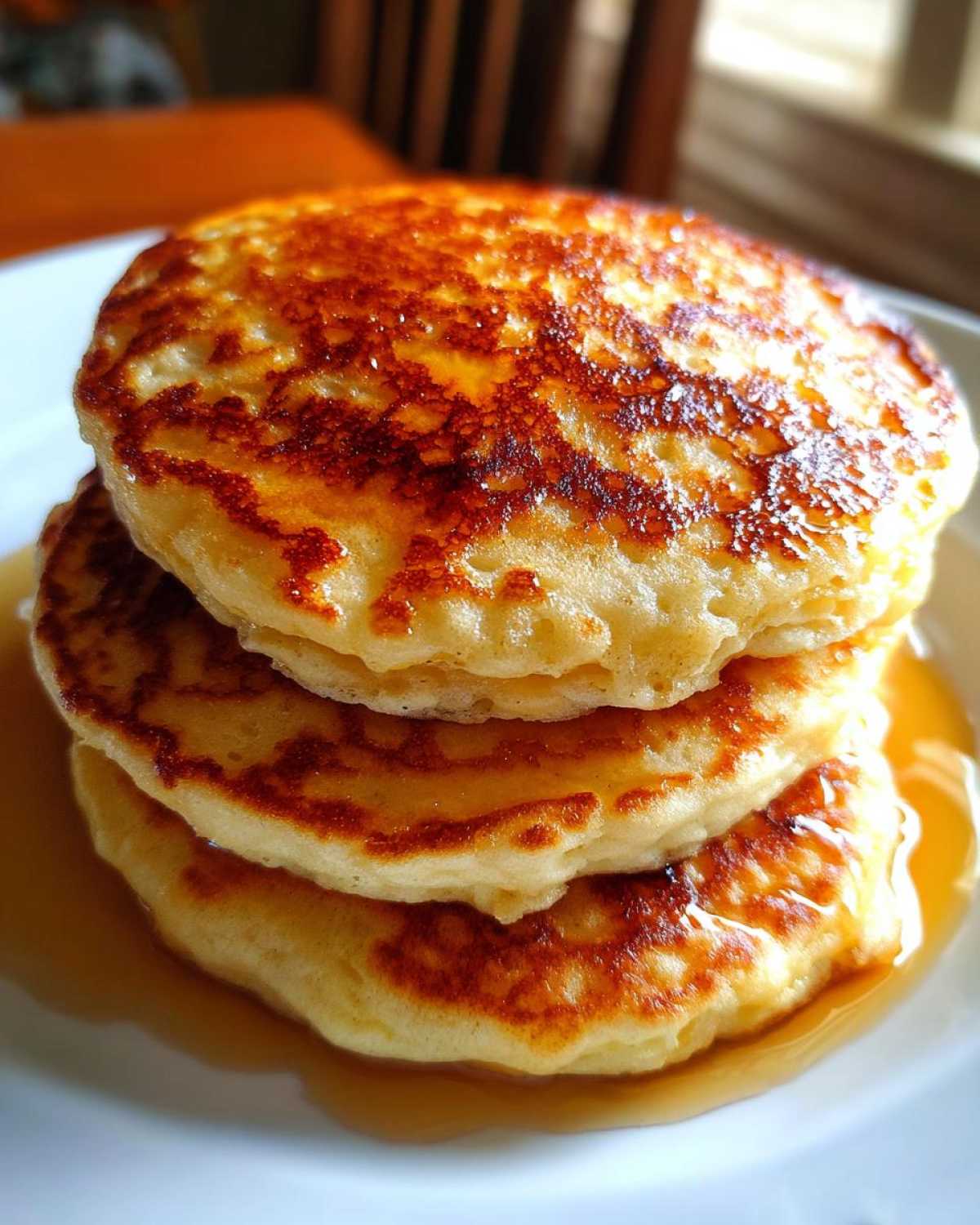 Close-up of a stack of three fluffy Gluten-Free Buttermilk Pancakes drizzled with golden syrup on a white plate.