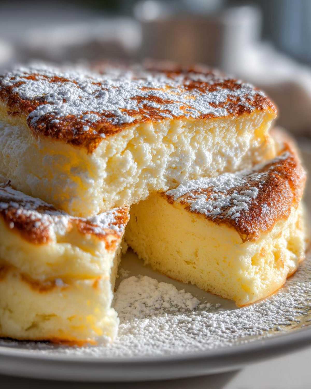 Close-up of incredibly fluffy Lemon Ricotta Pancakes, cut open and dusted heavily with powdered sugar.