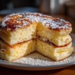 Close-up of a stack of Fluffy Lemon Ricotta Pancakes cut open to show the airy interior, dusted with powdered sugar.