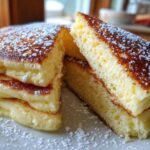 Close-up of thick, fluffy Lemon Ricotta Pancakes stacked and cut, dusted heavily with powdered sugar.