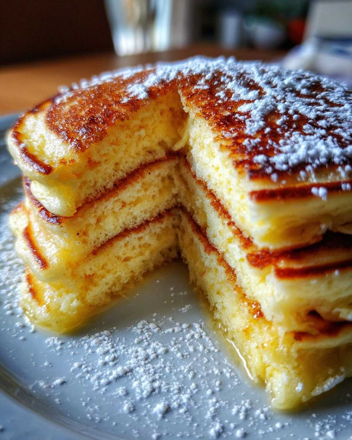 Close-up of a stack of Fluffy Lemon Ricotta Pancakes cut to show the airy interior, dusted with powdered sugar.