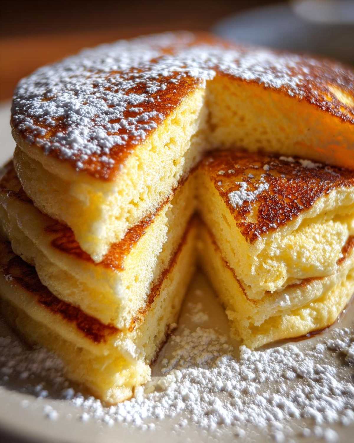 Close-up of a tall stack of Fluffy Lemon Ricotta Pancakes, dusted heavily with powdered sugar.