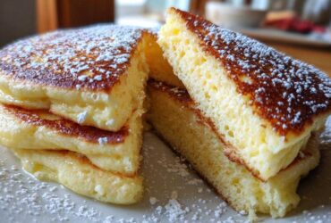 Close-up of thick, fluffy Lemon Ricotta Pancakes stacked and cut, dusted heavily with powdered sugar.