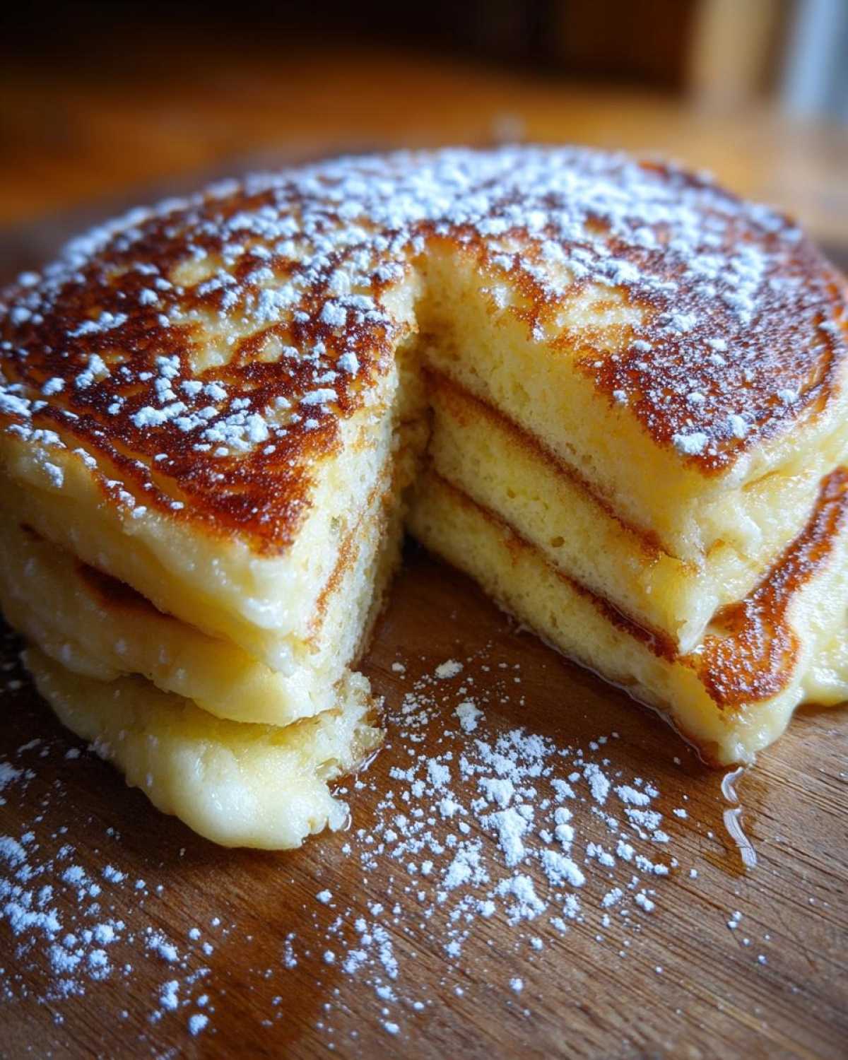 Close-up of a stack of Fluffy Lemon Ricotta Pancakes with a slice cut out, dusted heavily with powdered sugar.