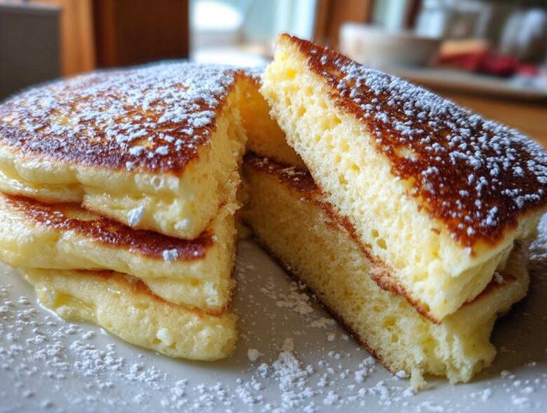 Close-up of thick, fluffy Lemon Ricotta Pancakes stacked and cut, dusted heavily with powdered sugar.