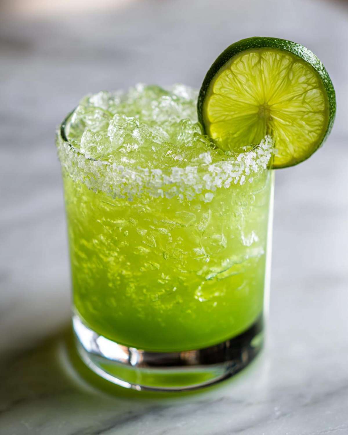 A vibrant green Fresh Jalapeño Lime Margarita served over crushed ice with a salted rim and lime wheel garnish.