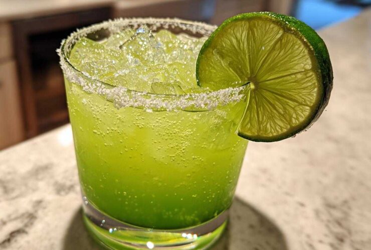 Close-up of a bright green Fresh Jalapeño Lime Margarita, served over ice with a salted rim and lime wheel garnish.