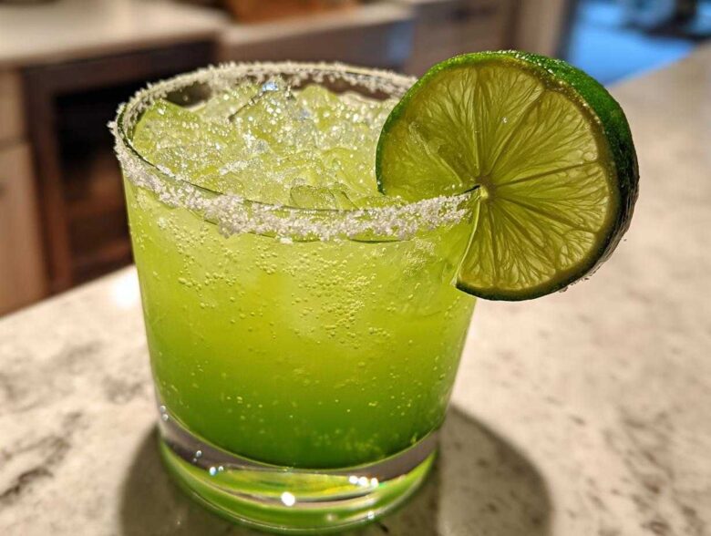 Close-up of a bright green Fresh Jalapeño Lime Margarita, served over ice with a salted rim and lime wheel garnish.