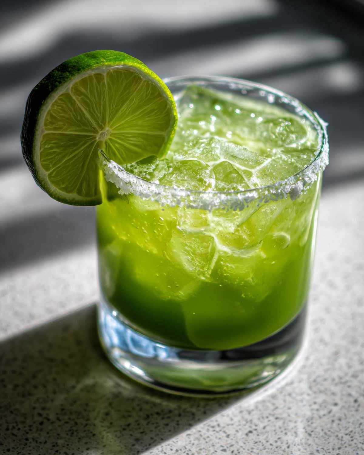 A vibrant green Fresh Jalapeño Lime Margarita served over ice in a salt-rimmed glass, garnished with a lime wheel.