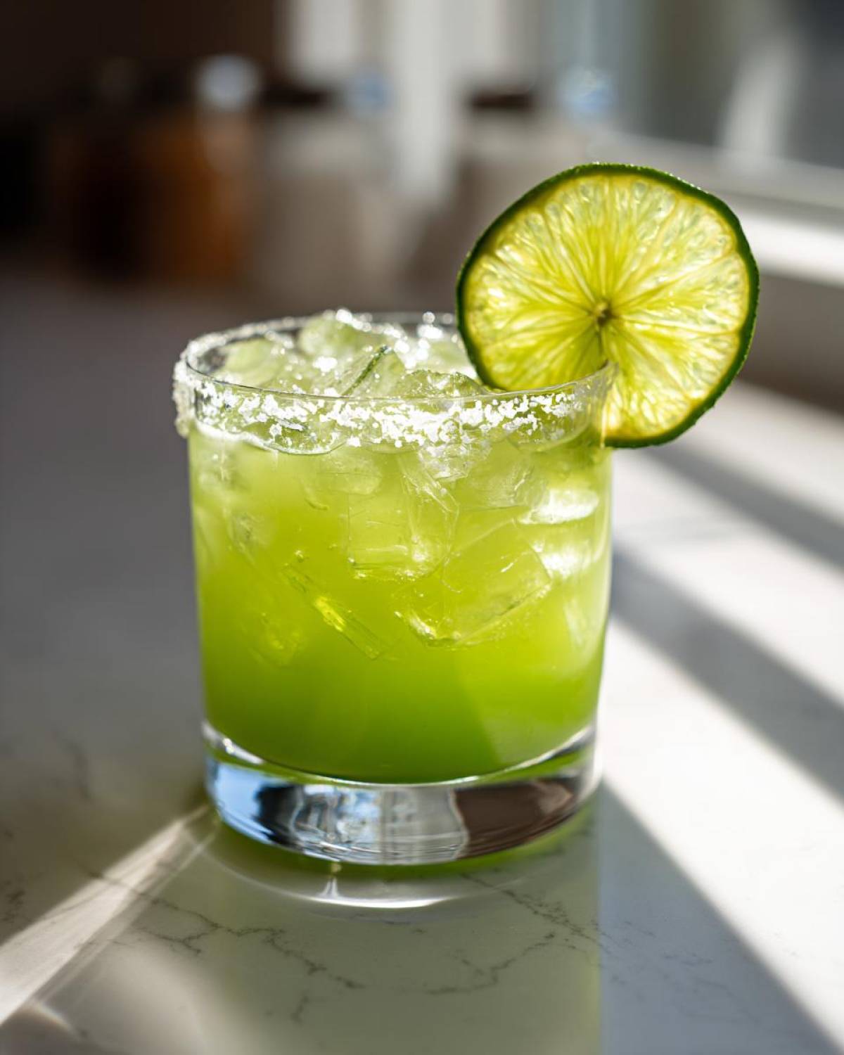 A vibrant Fresh Jalapeño Lime Margarita served over ice in a salt-rimmed glass with a lime wheel garnish.