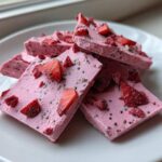 Close-up of stacked pieces of bright pink Frozen Strawberry Yogurt Bark topped with fresh and dried strawberries and chia seeds.