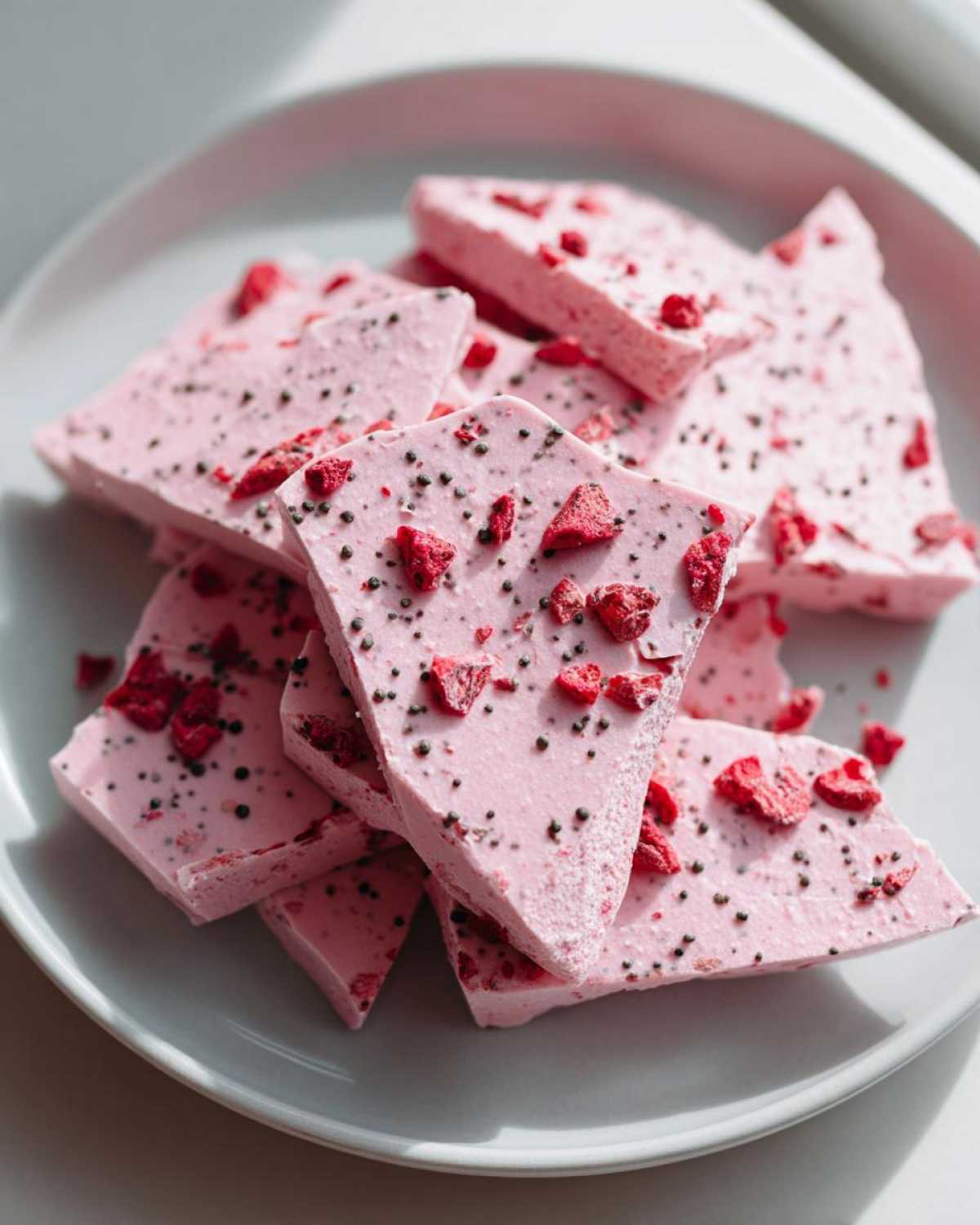 Close-up of broken pieces of pink Frozen Strawberry Yogurt Bark topped with dried strawberries and tiny black seeds.