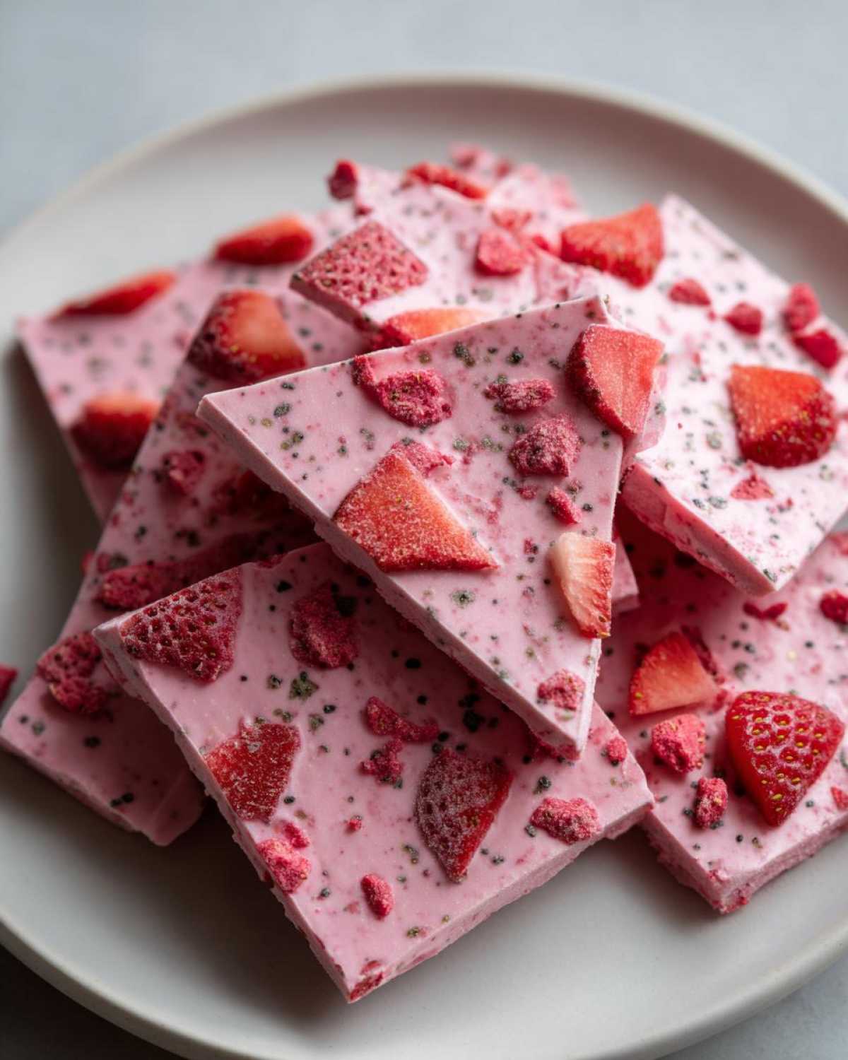 Close-up of several triangular pieces of pink Frozen Strawberry Yogurt Bark topped with freeze-dried strawberries.