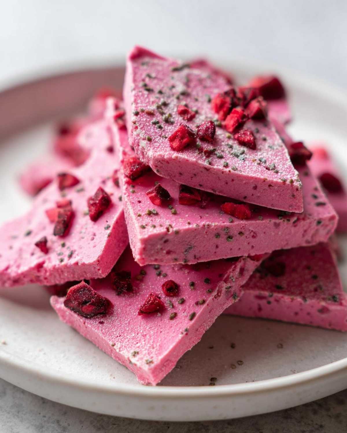 Close-up of stacked, bright pink Frozen Strawberry Yogurt Bark pieces topped with dried strawberries and seeds.