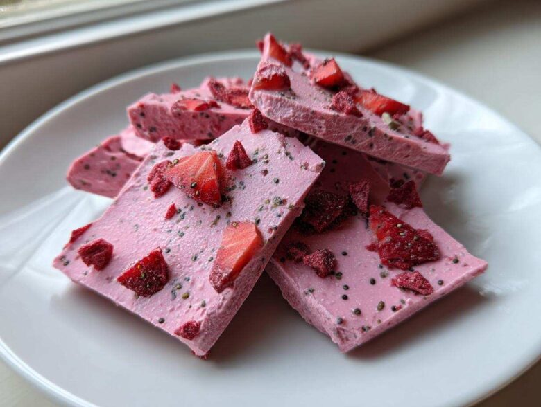 Close-up of stacked pieces of bright pink Frozen Strawberry Yogurt Bark topped with fresh and dried strawberries and chia seeds.