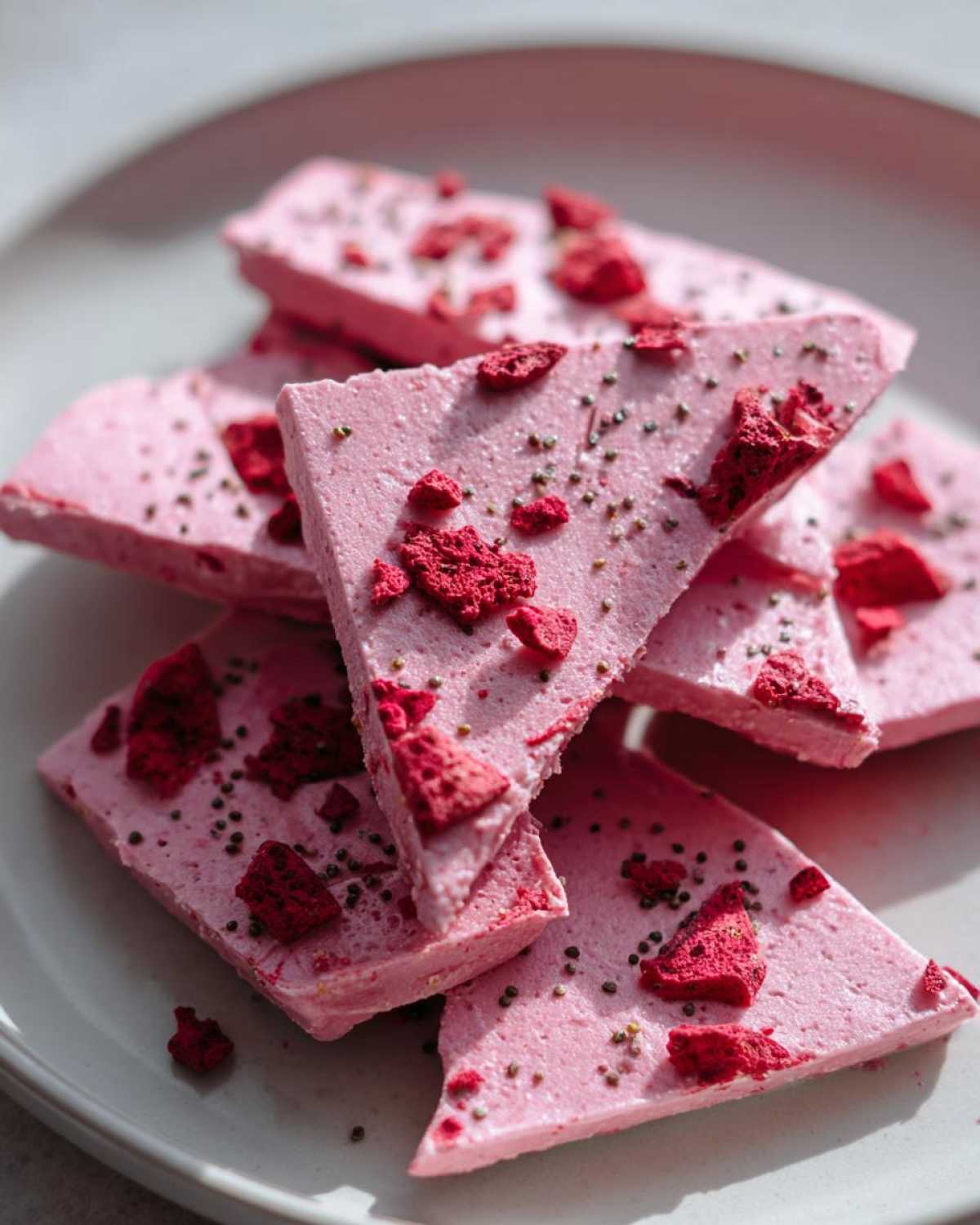 Close-up of stacked, triangular pieces of pink Frozen Strawberry Yogurt Bark topped with freeze-dried strawberries and chia seeds.
