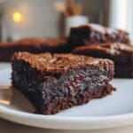 Close-up of a fudgy Dark Chocolate Tahini Brownies square showing a molten chocolate pocket.