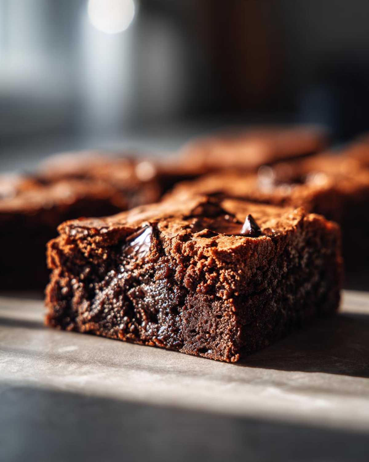 A close-up, fudgy slice of Dark Chocolate Tahini Brownies showing melted chocolate chips.
