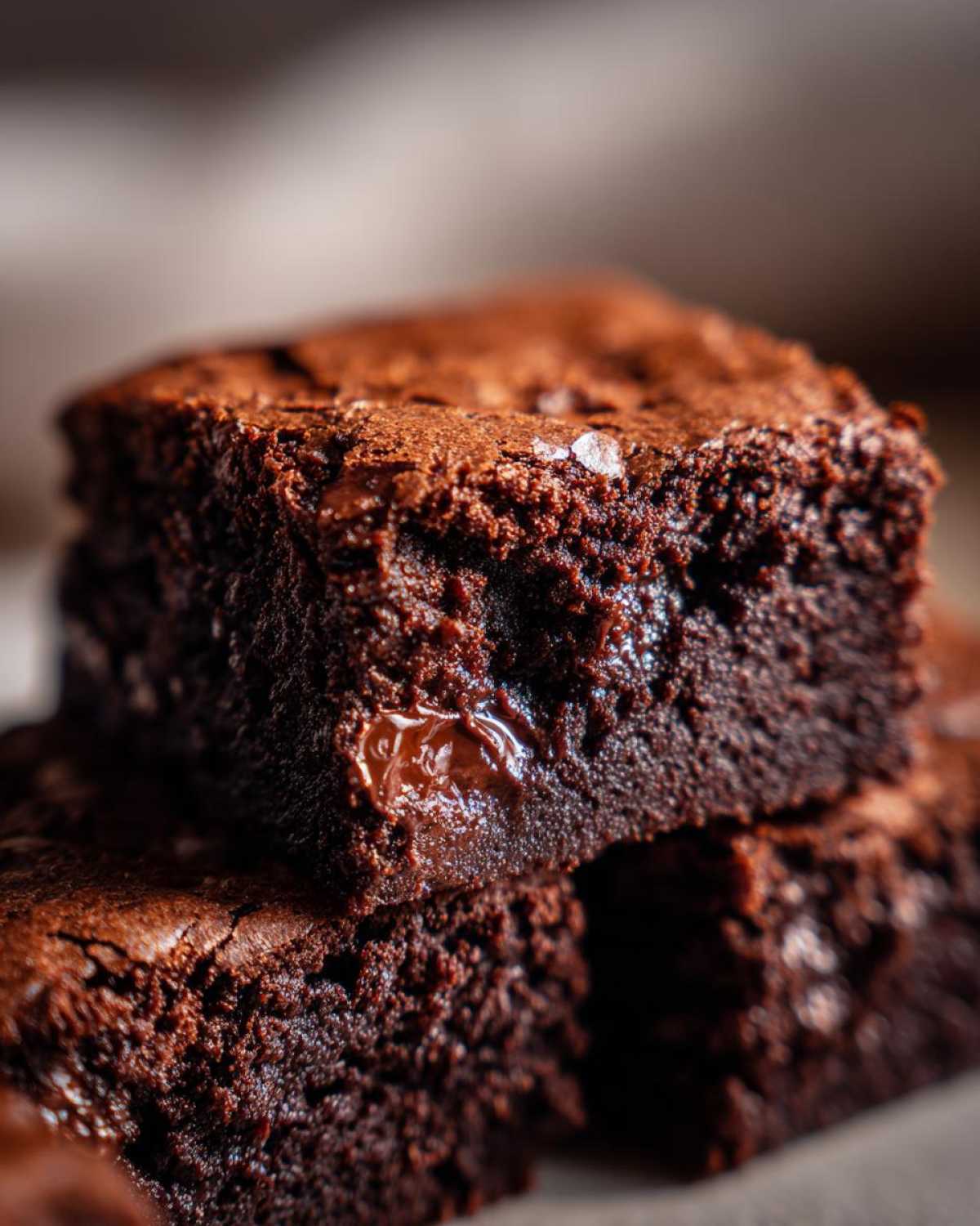 Close-up of fudgy Dark Chocolate Tahini Brownies stacked, showing a molten chocolate chip.