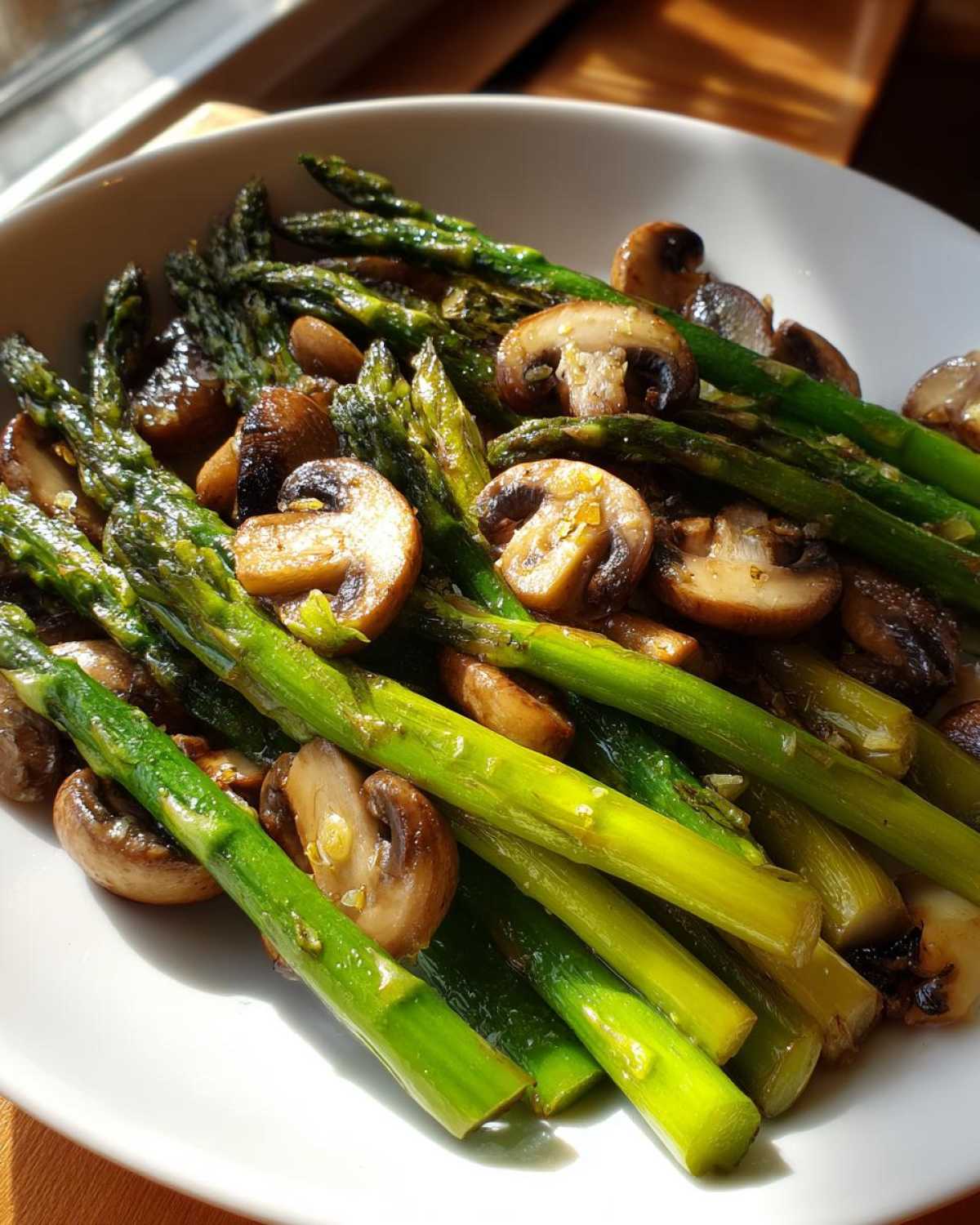 Bright green asparagus spears mixed with sliced, browned mushrooms, coated in garlic butter.