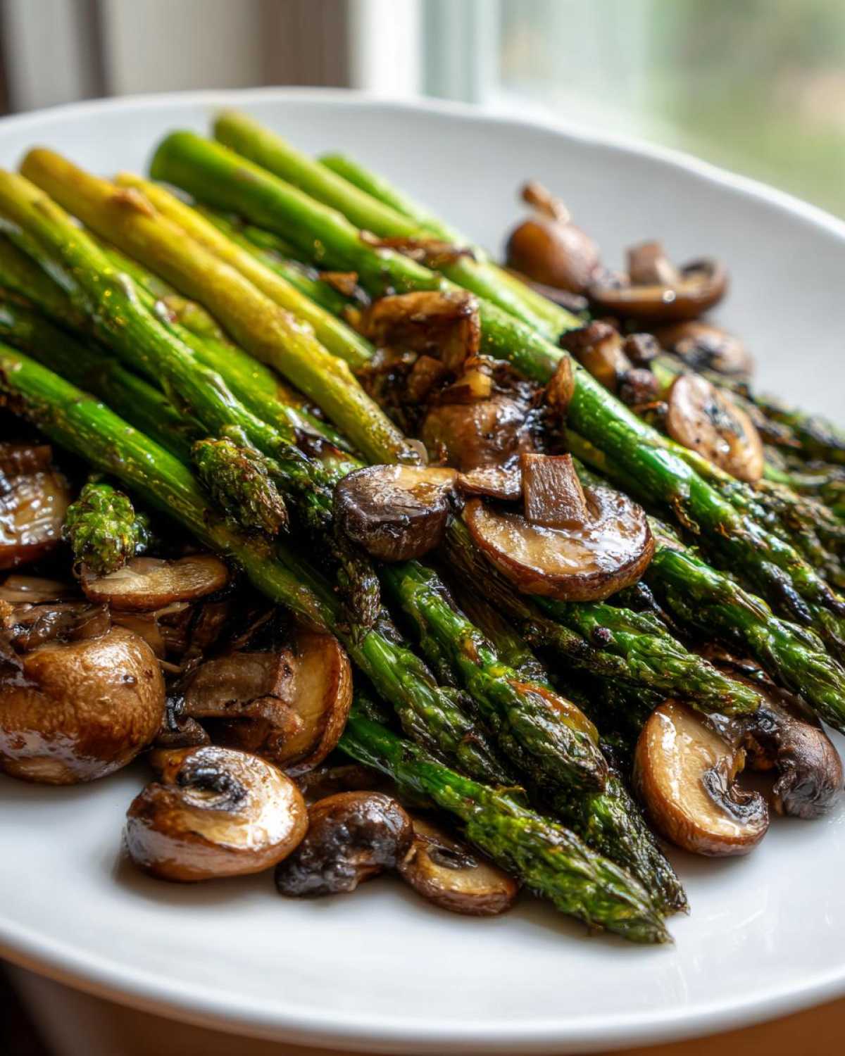 Close-up of vibrant green Garlic Butter Roasted Asparagus and Mushrooms served on a white plate.