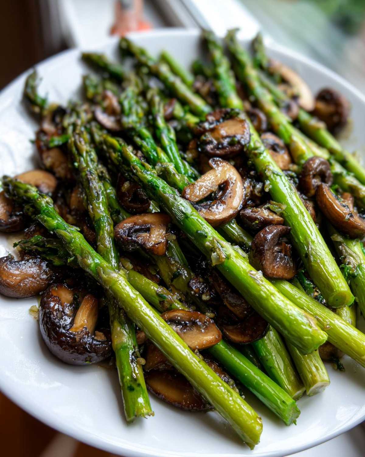 Bright green asparagus spears mixed with sautéed brown mushrooms, coated in garlic butter.