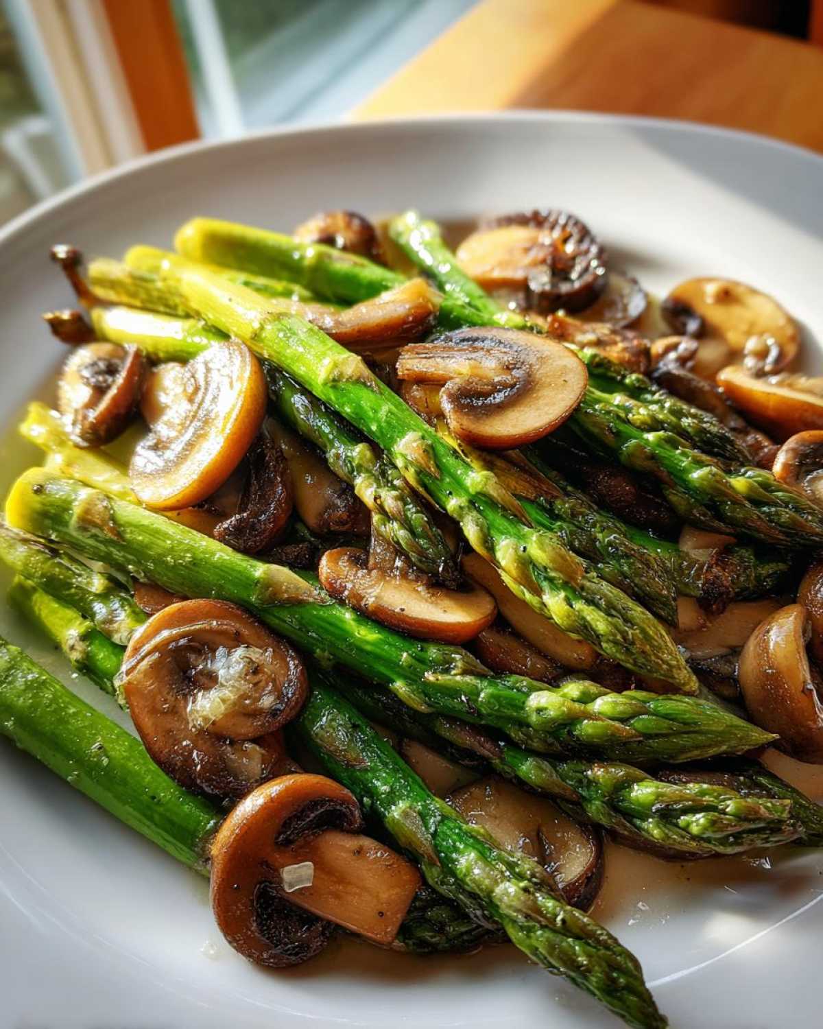 Close-up of vibrant green Garlic Butter Roasted Asparagus and Mushrooms on a white plate.