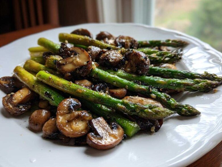 Close-up of vibrant green Garlic Butter Roasted Asparagus and Mushrooms served on a white plate.
