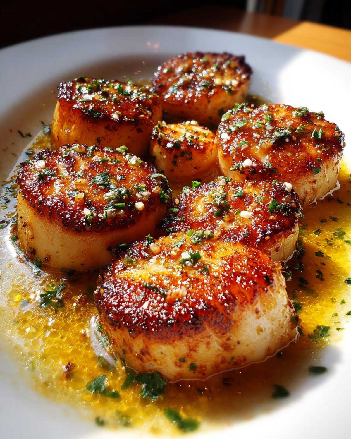 Close-up of six perfectly seared Garlic Butter Scallops with Lemon sauce and chopped parsley.