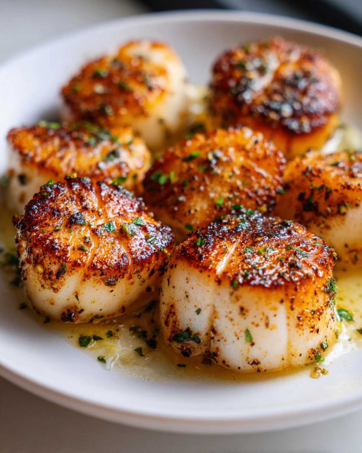Close-up of perfectly seared Garlic Butter Scallops with Lemon, glistening in butter sauce and topped with herbs.
