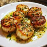 Five perfectly seared Garlic Butter Scallops with Lemon sauce and fresh parsley.