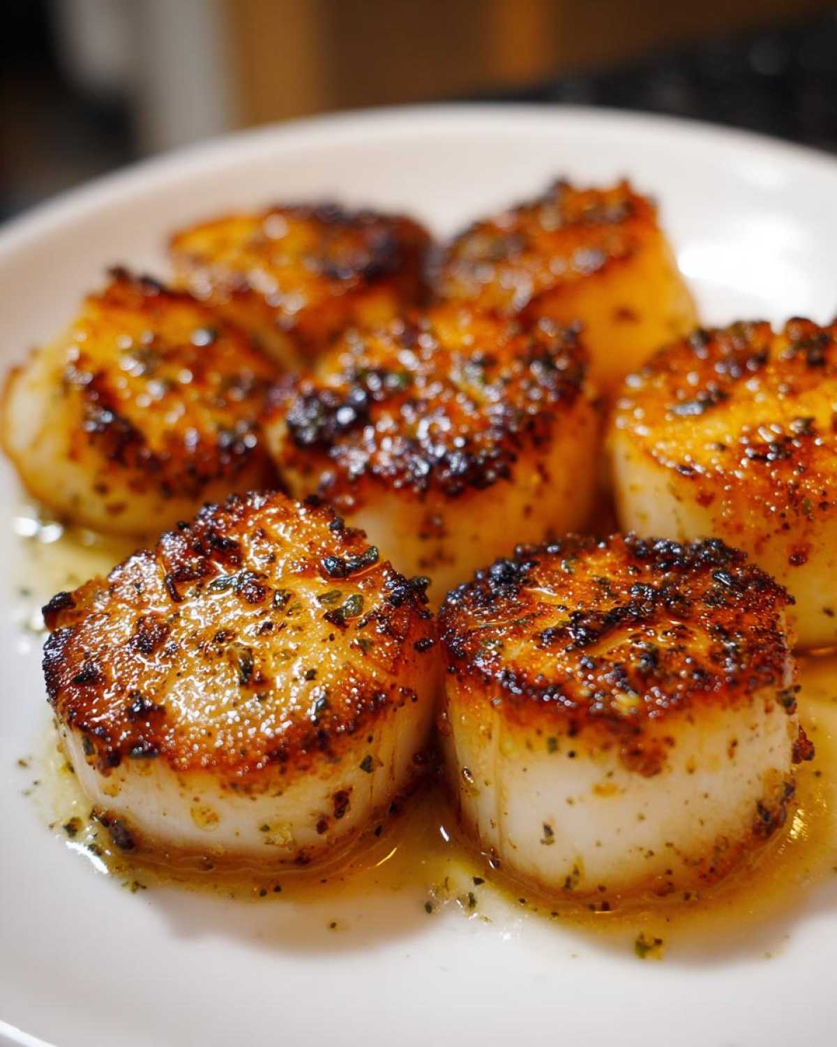 Close-up of six perfectly seared Garlic Butter Scallops with Lemon resting in buttery sauce on a white plate.