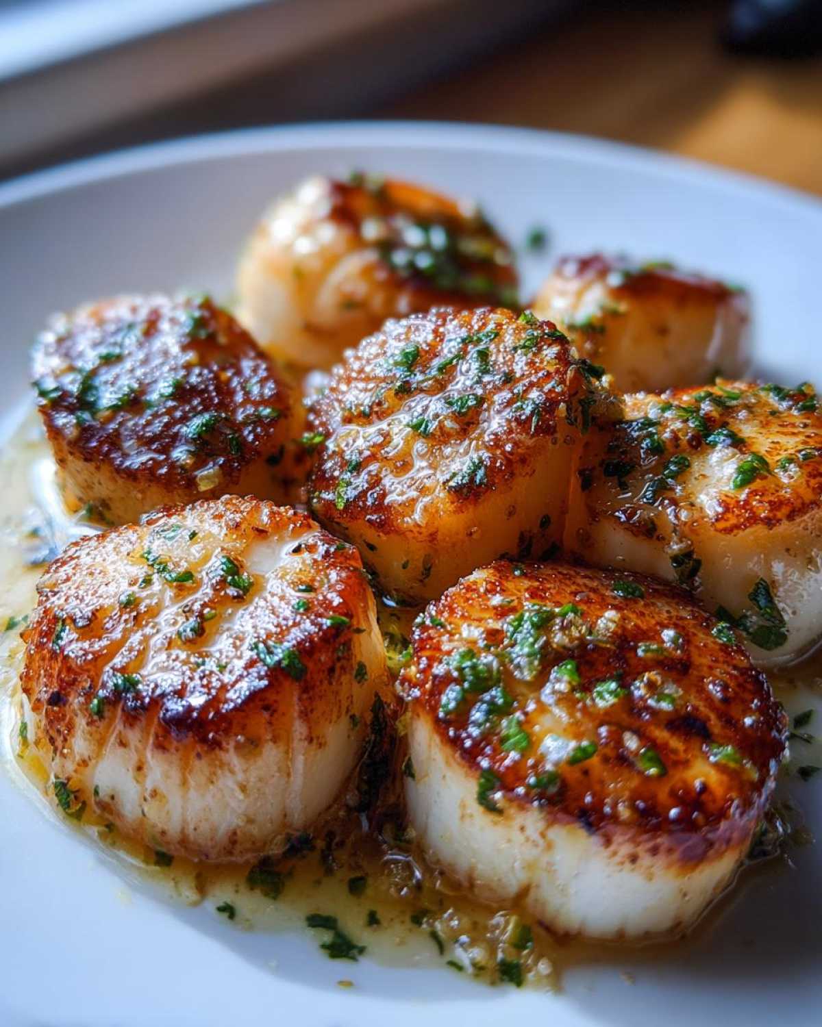 Close-up of perfectly seared Garlic Butter Scallops with Lemon, glistening in butter sauce and topped with parsley.