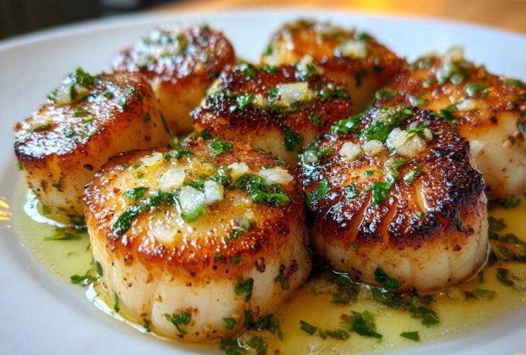 Close-up of perfectly seared Garlic Butter Scallops with Lemon, topped with minced garlic and parsley in butter sauce.