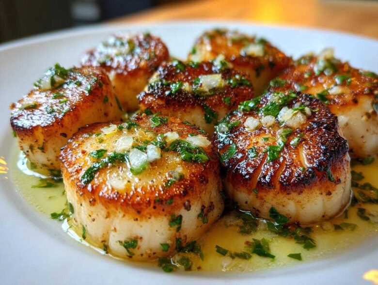 Close-up of perfectly seared Garlic Butter Scallops with Lemon, topped with minced garlic and parsley in butter sauce.