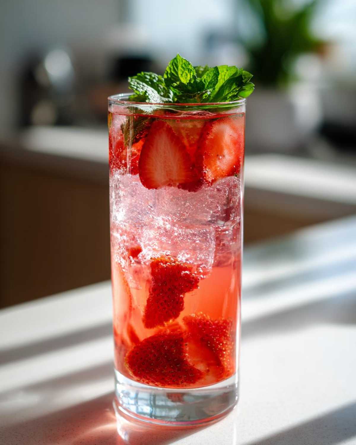 A tall glass filled with Iced Strawberry Lemon Tea, ice, sliced strawberries, and topped with fresh mint.