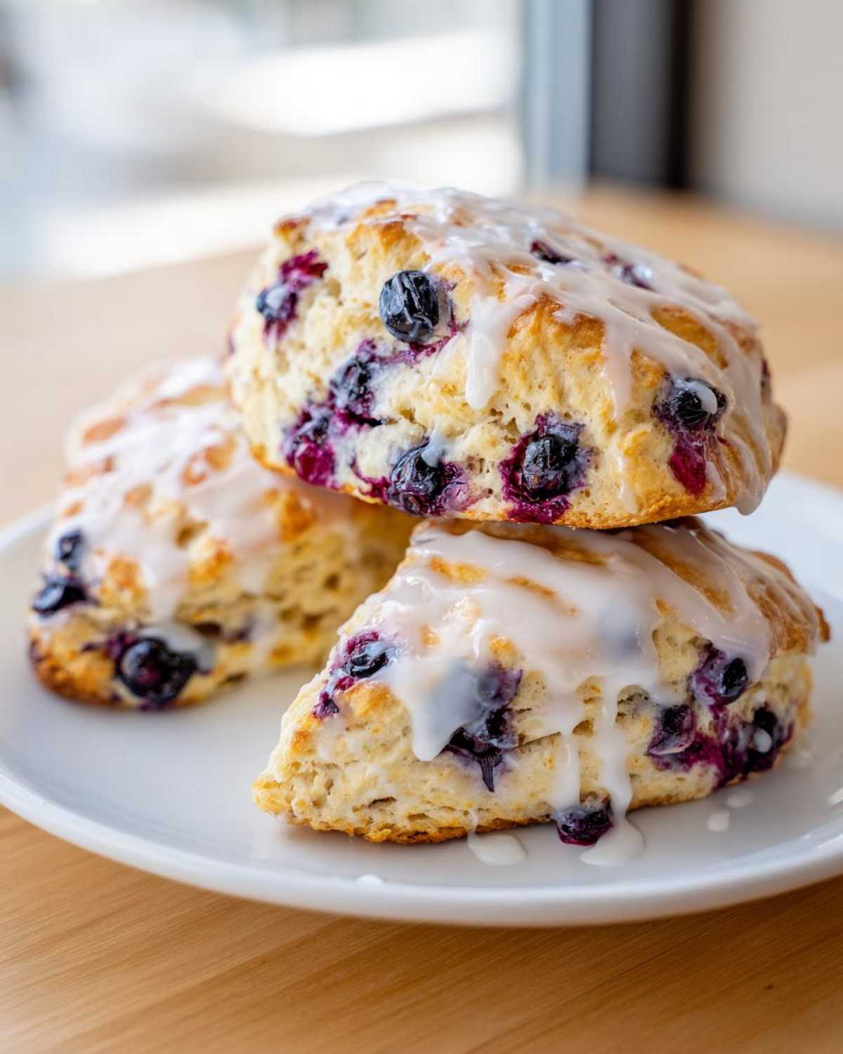 Three delicious Blueberry Lemon Scones stacked on a white plate, generously topped with a sweet white glaze.