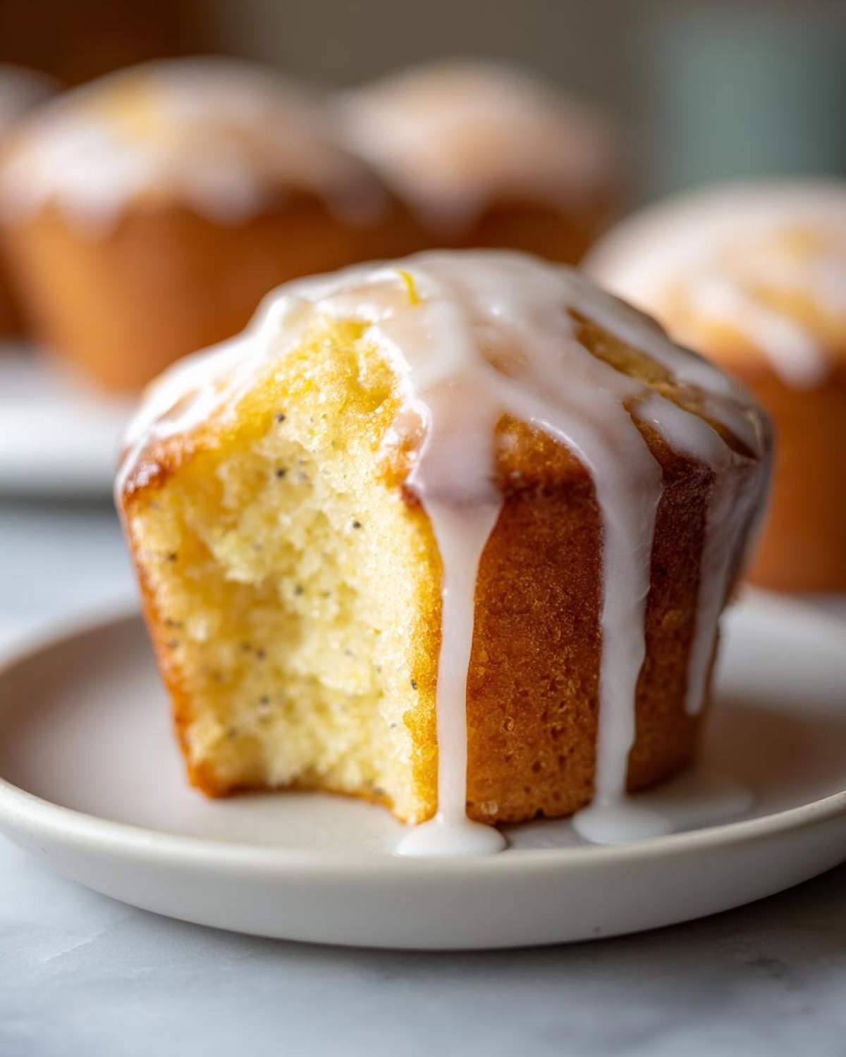 A close-up shot of a moist Glazed Lemon Poppy Seed Muffin with a bite taken out, showing poppy seeds and dripping lemon icing.