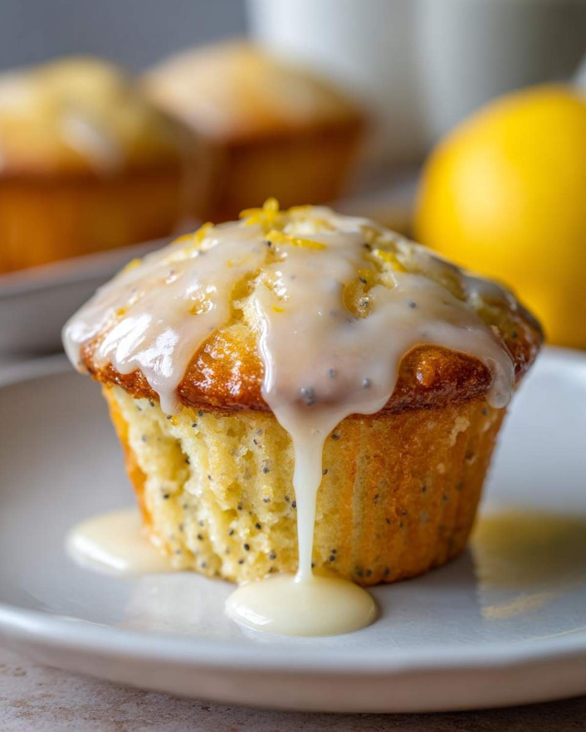 A close-up of a Glazed Lemon Poppy Seed Muffin with thick white glaze dripping onto a plate.
