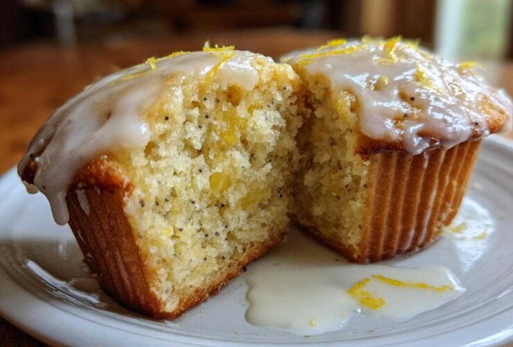 Close-up of Glazed Lemon Poppy Seed Muffins cut open, showing moist interior and dripping lemon glaze.